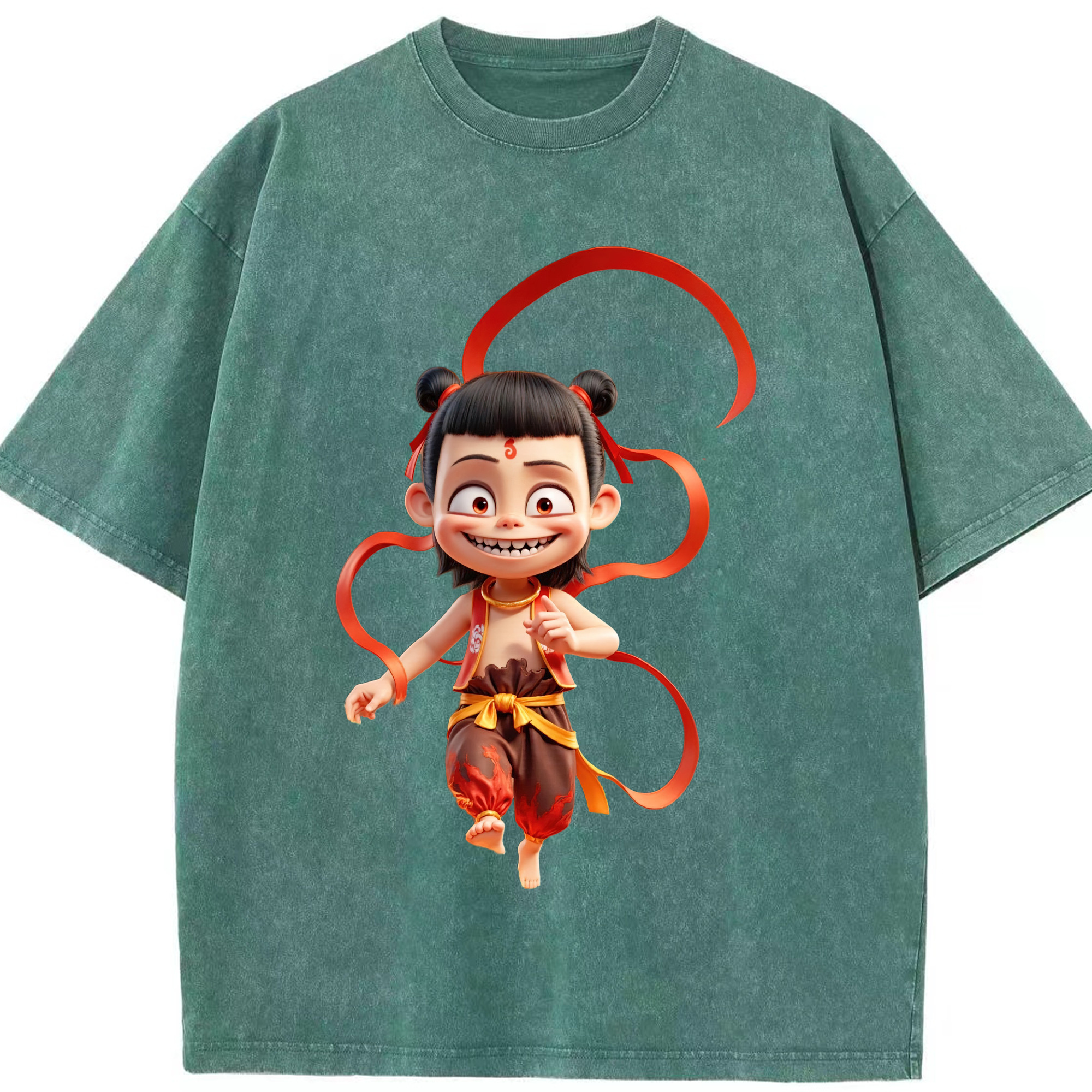 （画像用） Ne Zha 2 ナタ 魔童の大暴れ 綿100% ヴィンテージ風 半袖Tシャツ（フロントプリント）